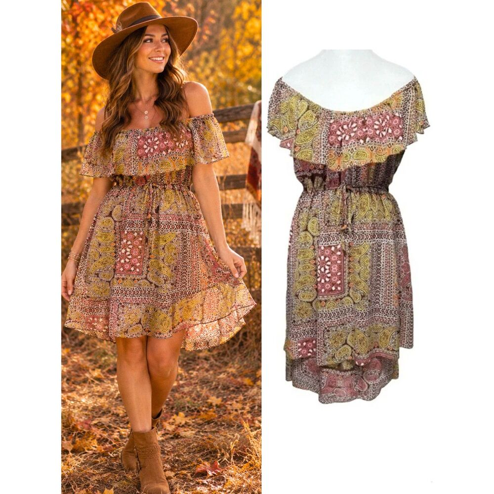 Cute Paisley Off the Shoulder Dress Tiered Ruffle Patchwork Boho Fall Cottage L